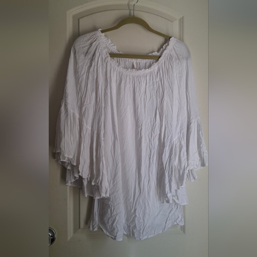 Elan White Ruffled Blouse Womens Sz Os Travel Cruise Lighweigth Summer Resort 21